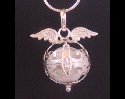 Angel Caller Harmony Ball Necklace, Silver Wings, White Chime - Click Image to Close